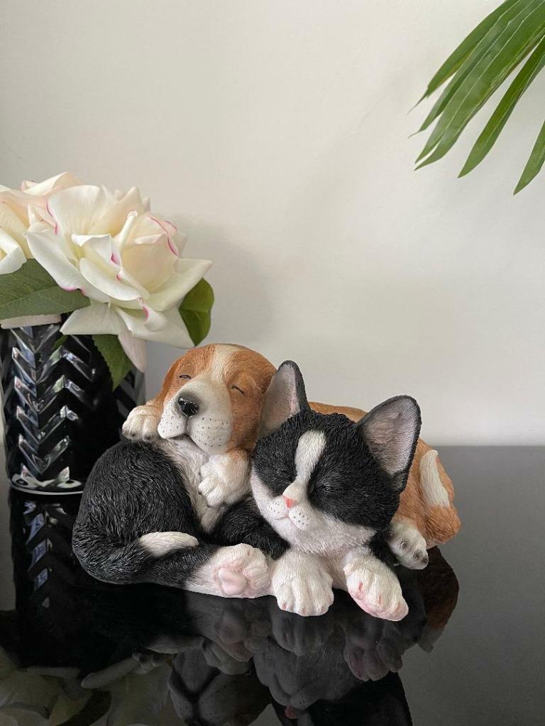 Cute Sleeping Cat & Dog Snuggling Besties Figurine Home Decor Ornament Statue