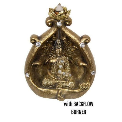 Gold Buddha Statue Backflow Incense Burner Holder Smoke Censer Cone Home Decor