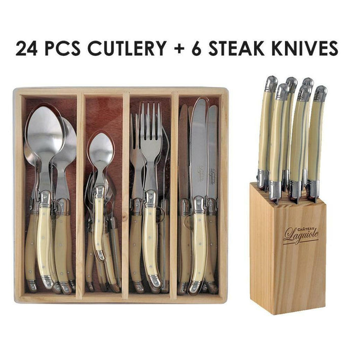 Chateau Laguiole Cutlery Set & Steak Knife Stainless Steel Dinner Ivory 30pc Set