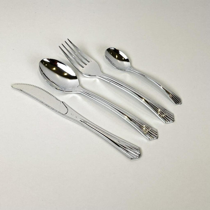 Plastic Cutlery Set Silver Party Forks Spoons Knives Disposable Bulk Partyware