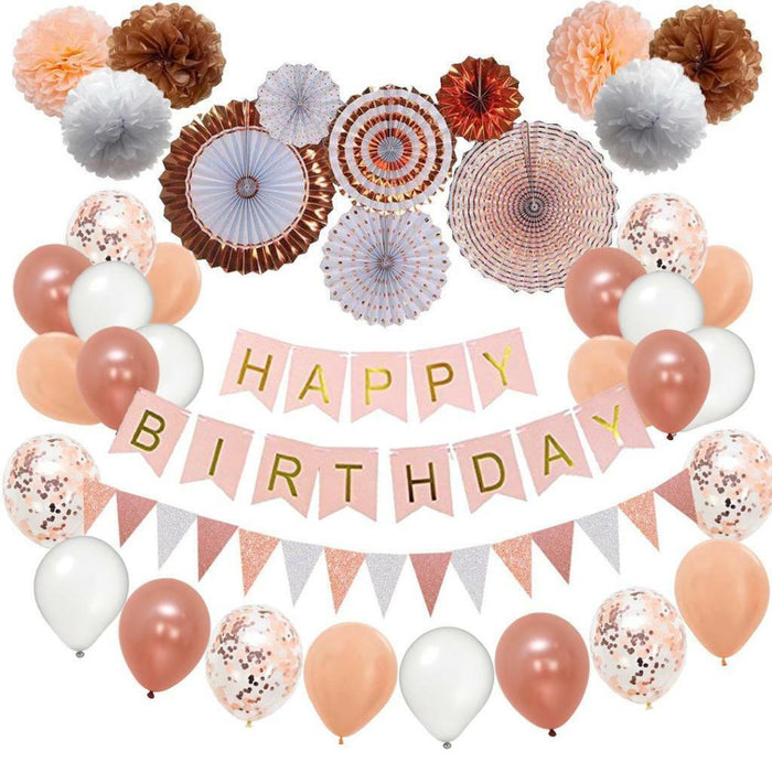 Birthday Decorations Set Rose Gold Paper Fans Garlands Confetti Balloons