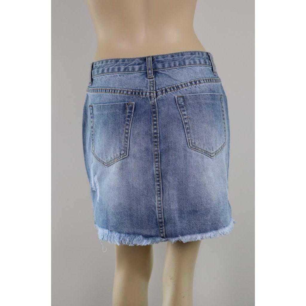 Wakee Short Denim Skirt Blue Jeans Ripped Pencil Mini Stretchy Casual Beach