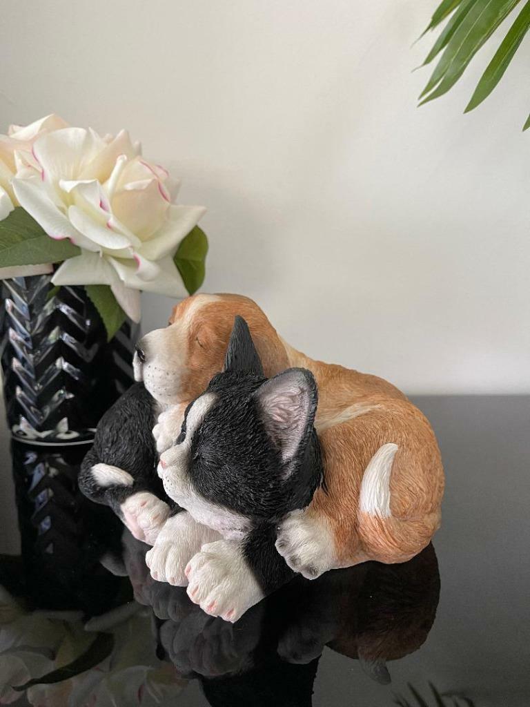 Cute Sleeping Cat & Dog Snuggling Besties Figurine Home Decor Ornament Statue