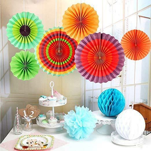 Rainbow Happy Birthday Decorations Set Balloons Multicolour Hanging Paper Fans