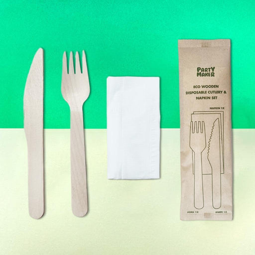 Disposable Wooden Cutlery & Napkin Set Bamboo Wood Fork & Knife Bulk Buy