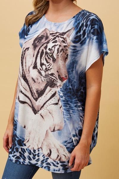 Caroline Morgan Women Casual Summer Top Tiger Print Loose Tops Plus Size Blue