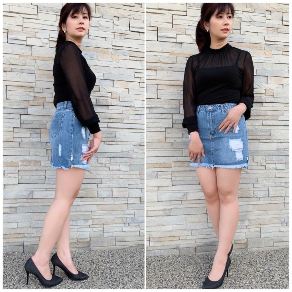 Wakee Short Denim Skirt Blue Jeans Ripped Pencil Mini Stretchy Casual Beach