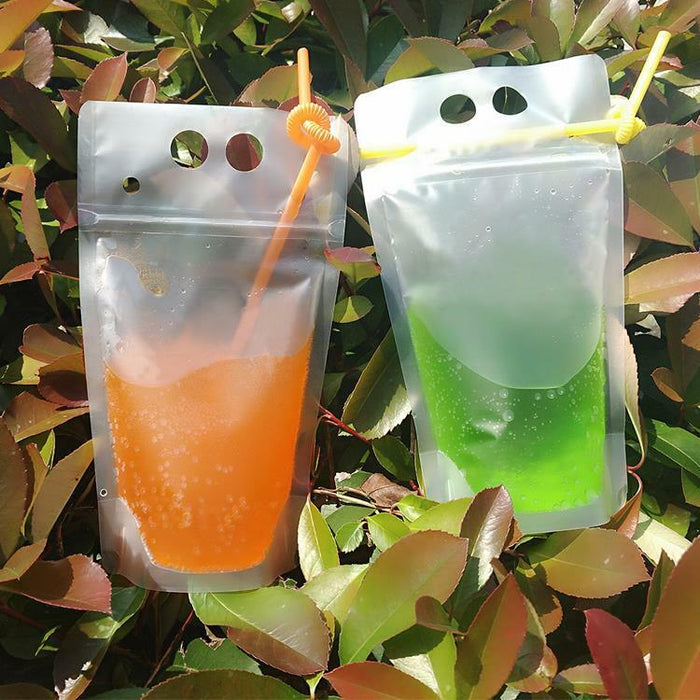 Disposable Drink Pouch Bags Smoothie Ice Frozen Juice Party Drinking Bag Straws