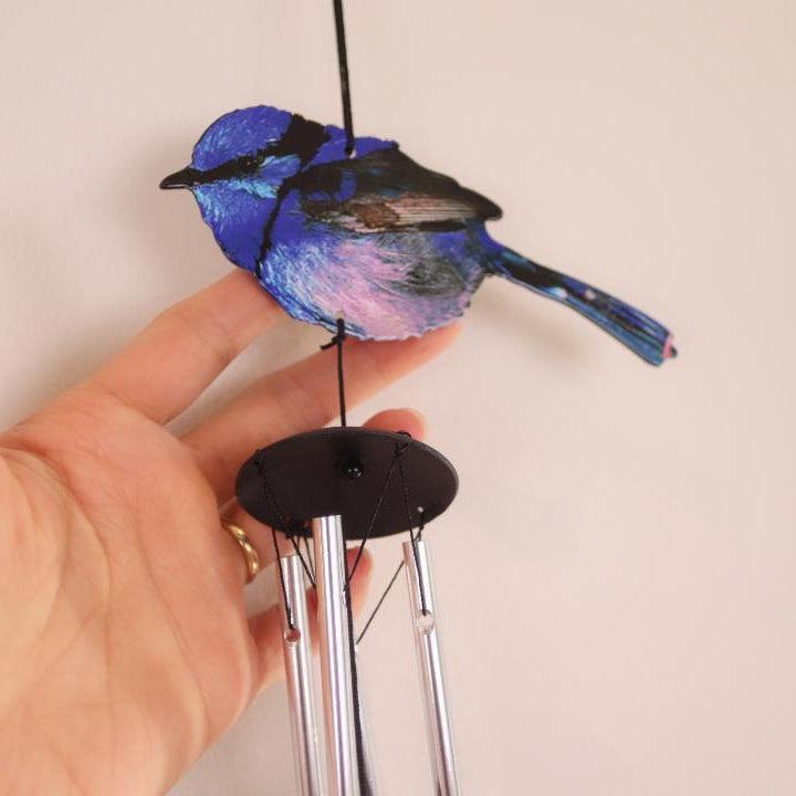 Bird Wind Chimes Blue Wren Winchime 4 Tube Outdoor Decor Hanging Garden Ornament