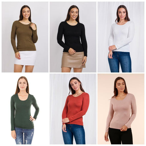 Caroline Morgan Long Sleeve Top Scoop Neck T-Shirts Basic Tee Tops Plain Colour