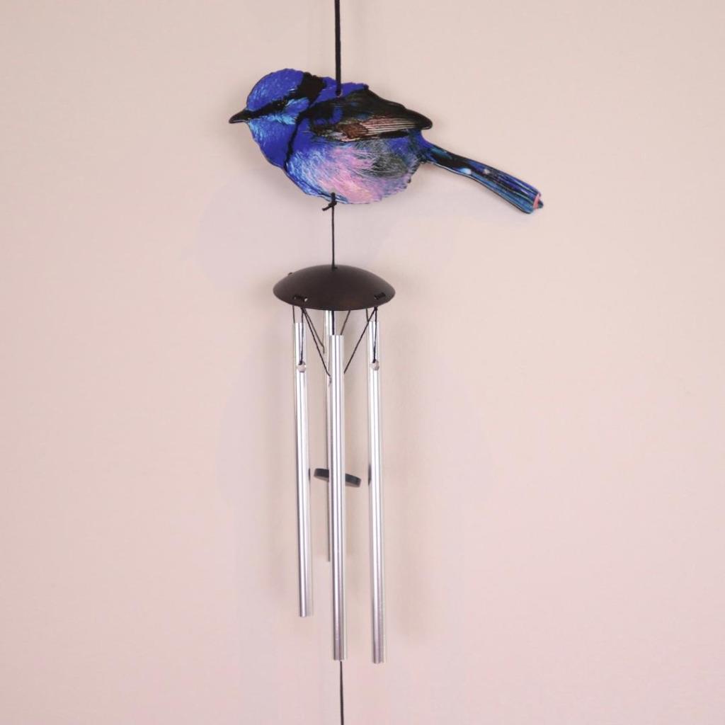 Bird Wind Chimes Blue Wren Winchime 4 Tube Outdoor Decor Hanging Garden Ornament