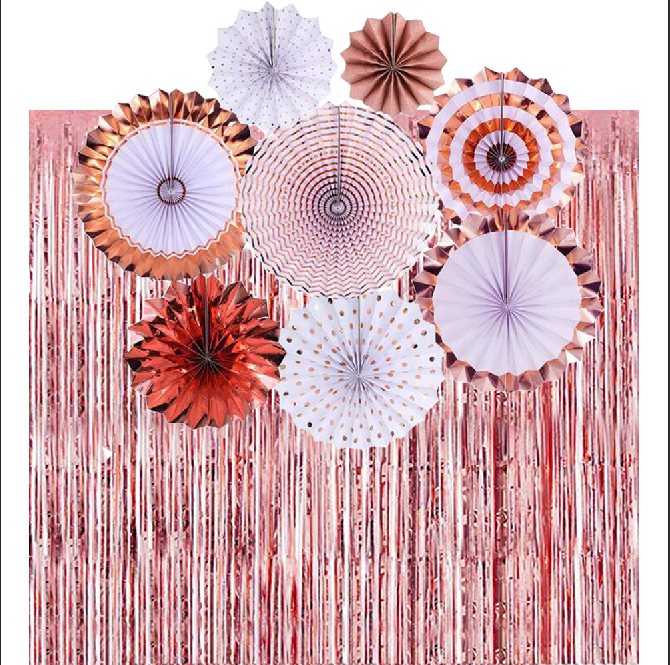 Rose Gold Paper Fans & Foil Fringe Curtain Party Decorations Set Birthday Bridal