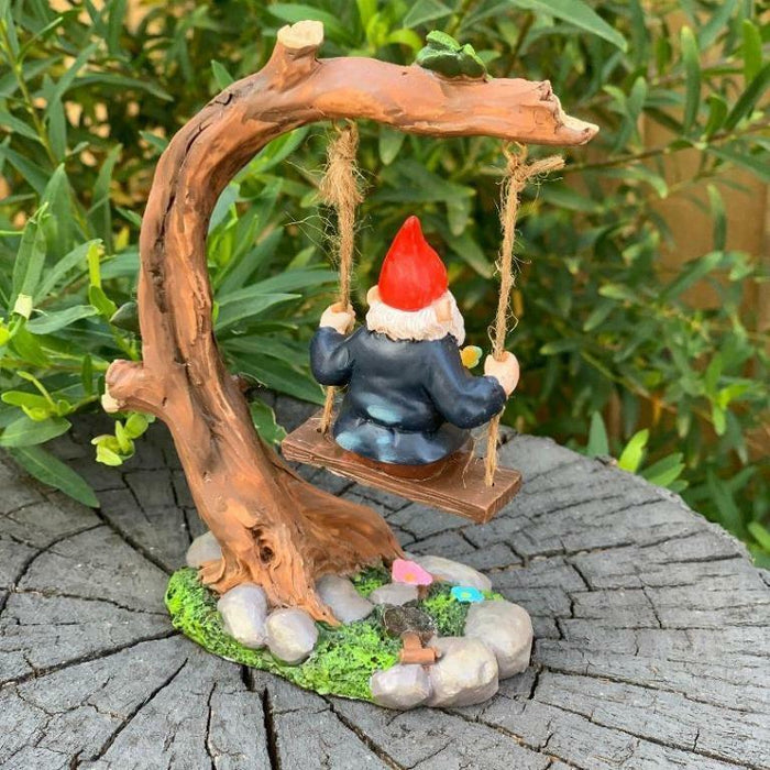 Garden Gnomes Statue Gnome on Tree Swing Fairy Garden Décor Figurine Ornaments