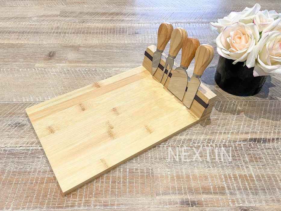 Bamboo Cheese Board & Knife Set Wooden Serving Cutting Boards & Cheese Knives