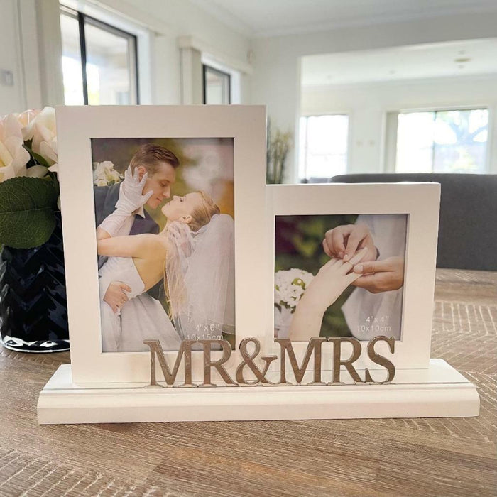 Mr & Mrs Wedding Photo Frame White Wood Picture Frame Newlywed Engagement Gift