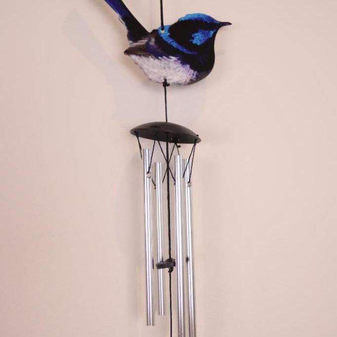 Bird Wind Chimes Blue Wren Winchime 4 Tube Outdoor Decor Hanging Garden Ornament