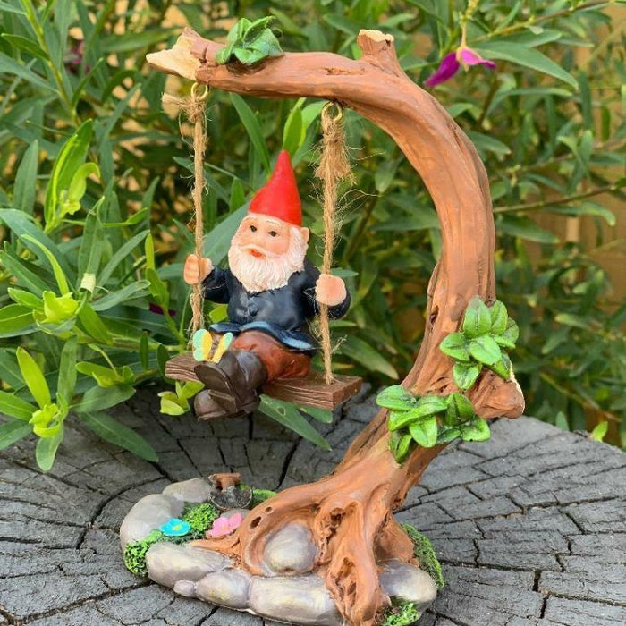 Garden Gnomes Statue Gnome on Tree Swing Fairy Garden Décor Figurine Ornaments