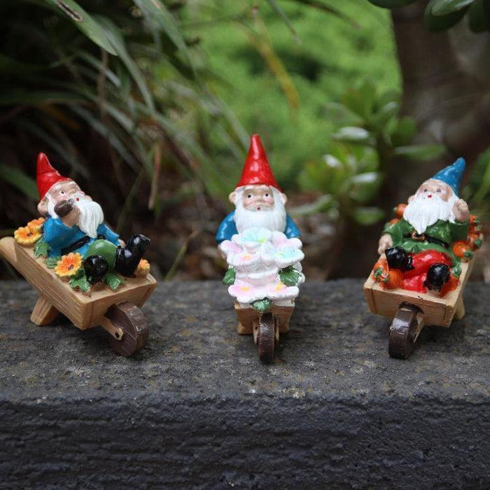 Garden Gnomes on Wheelbarrow Gnome Statue Figurine Fairy Garden Accessories 3pcs