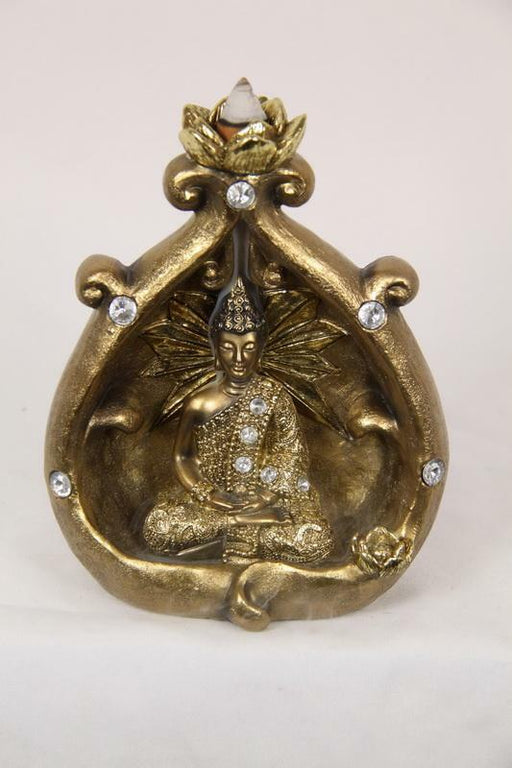 Gold Buddha Statue Backflow Incense Burner Holder Smoke Censer Cone Home Decor