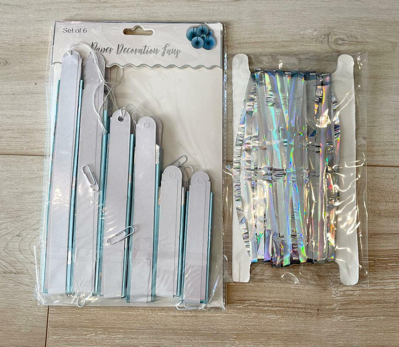 Blue Paper Fans Silver Foil Fringe Curtain Birthday Party Decorations Set Bridal